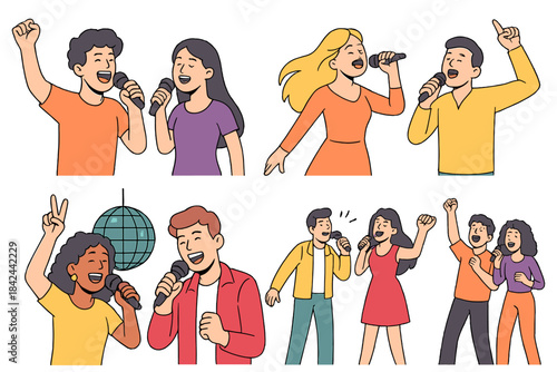Diverse group of singers performing music and enjoying a party with microphones