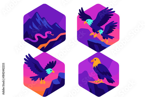 Colorful illustrations of wildlife featuring snakes and birds in a vibrant mountain landscape at sunset