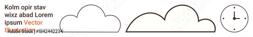 Weather, time management, graphic design, scheduling, cloud storage, branding. Two cloud shapes and a minimal clock design with text. Weather and time management in line visuals
