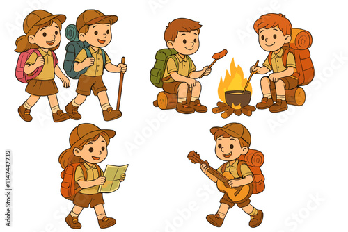Happy cartoon children characters enjoying various summer camp and hiking activities