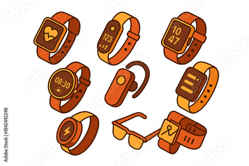 Isometric modern wearable technology devices including smartwatches, fitness bands, and smart glasses