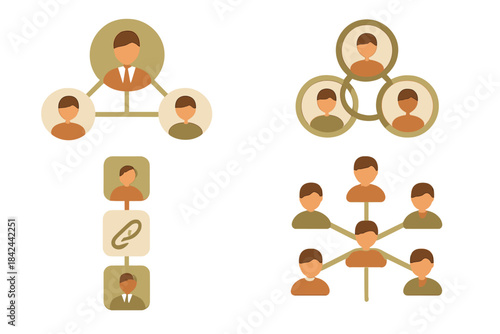 Abstract human icons in organizational structure and business networking diagrams for hierarchy