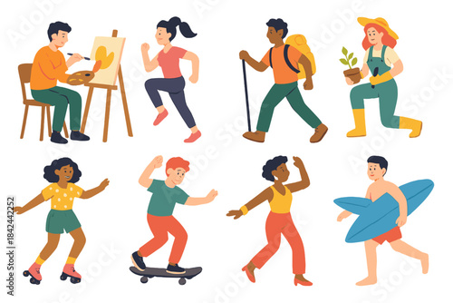 Happy young adults pursuing diverse hobbies including painting, running, hiking, and surfing set