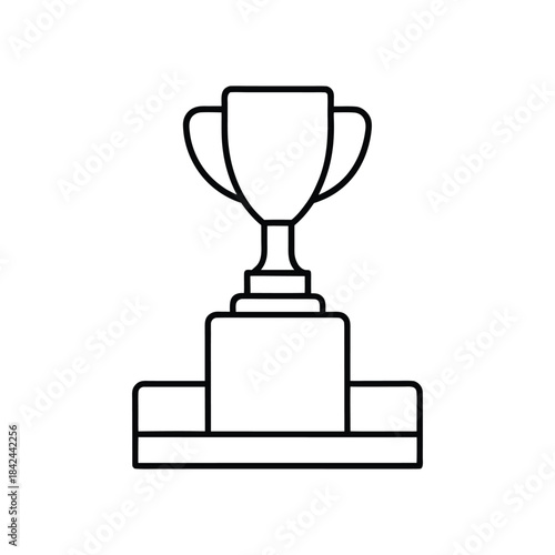 Trophy on Podium Line Drawing in Black and White – Minimal Victory and Achievement Icon