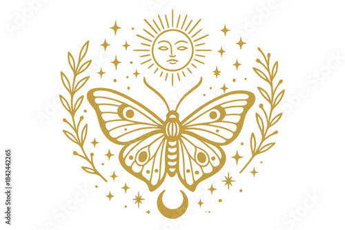 Golden celestial butterfly with sun face, crescent moon, stars, and laurel branches in mystical composition