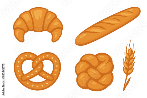 Freshly baked goods set including croissant, baguette, pretzel, and braided bread with wheat stalk