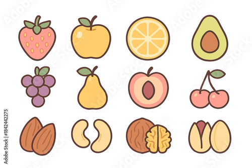 Colorful cartoon icons assortment featuring fresh fruits and healthy nuts