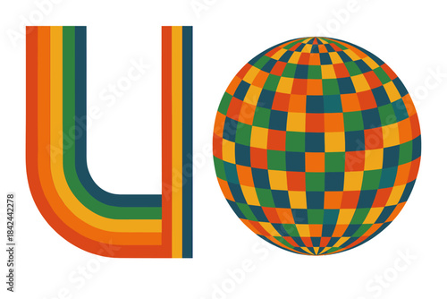 Retro geometric design elements with checkered sphere and curved rainbow stripes