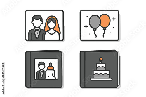 Wedding celebration featuring a couple, balloons, decorative cake, and a photo album showcasing memories