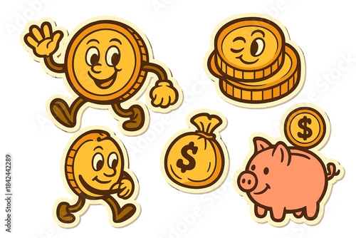 Funny retro cartoon characters of walking gold coins, winking stack, money bag, and piggy bank