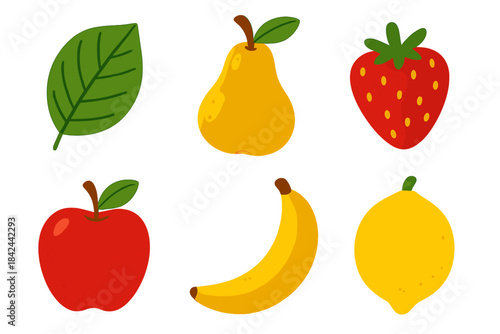 Assortment of fresh healthy fruit stickers including banana, strawberry, pear, and lemon