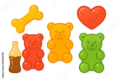 Colorful assortment of sweet gummy candies including bears, heart, bone, and soda bottle shapes