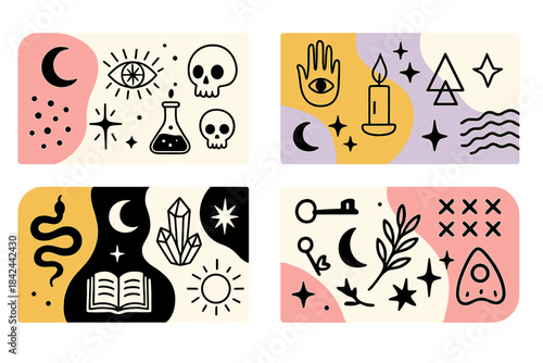 Esoteric and spiritual icons featuring celestial bodies, alchemy tools, and fortune telling objects