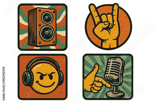 Retro music and sound icons set with speaker, rock hand sign, DJ emoji, and vintage microphone