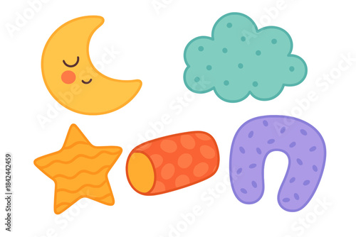 Adorable collection of bedtime and sleep comfort icons featuring a smiling moon, star, cloud, and pillows