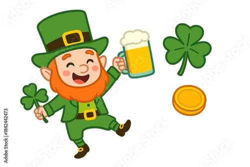 Cheerful leprechaun celebrating Saint Patrick's Day holding a beer mug, shamrock, and gold coin