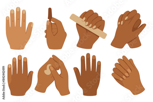 Set of dark skin hands performing manicure and self-care beauty routine actions