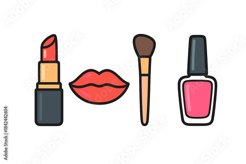Bright red lipstick, a makeup brush, and pink nail polish displayed in a stylish arrangement