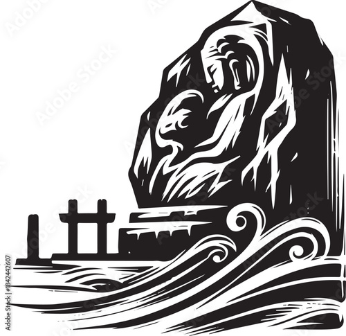 Zenith Statue Engraving by Ocean with Ancient Architecture Illus