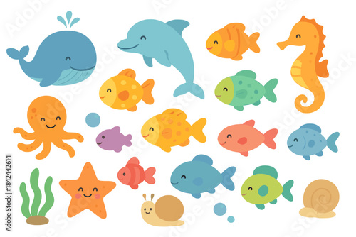 Colorful sea creatures in a cheerful underwater scene bring joy to aquatic life