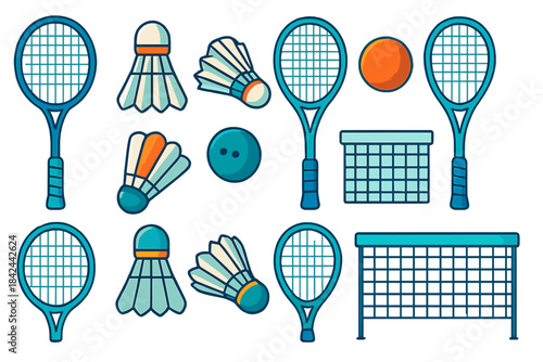 Collection of sports equipment including rackets, shuttlecocks, balls, and nets for various games