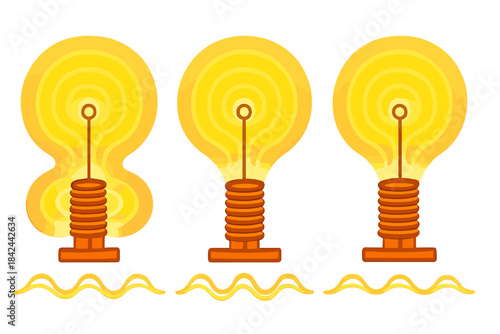 Light bulb design evolution with glowing filaments showcasing different shapes and brightness levels