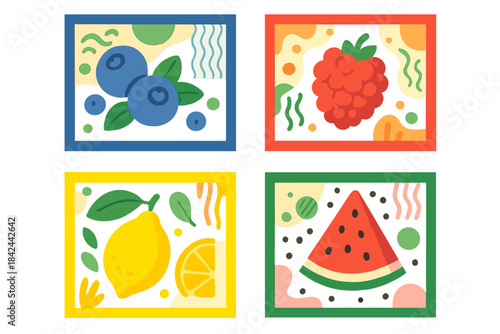Brightly colored framed of fresh summer fruits and berries in abstract style