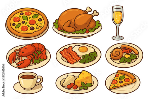 Variety of colorful food items displayed on white plates in a casual dining setting during a festive occasion