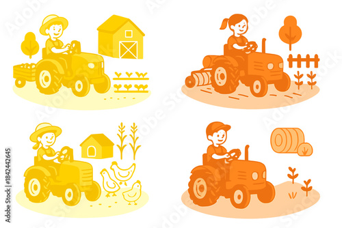 Four monochrome farming vignettes showing children driving tractors and working on the farm