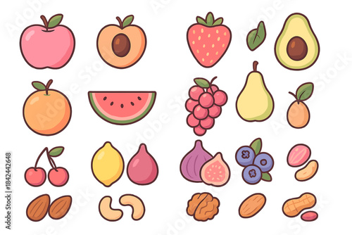 Large assortment of colorful fruits and nuts icons set on a clean white background