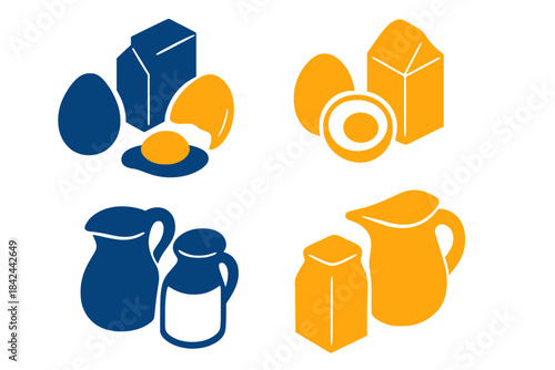 Dairy products and eggs featuring milk cartons pitchers and cracked whole eggs