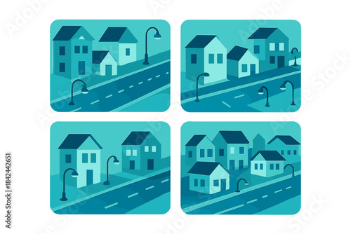 Stylized neighborhood scene with houses, street lamps, and roads depicted in soothing blue tones during daytime