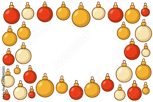 Colorful holiday ornaments create a festive border for seasonal decorations and celebrations during the winter season