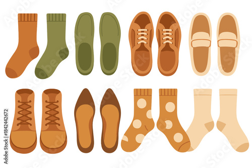 Collection of various shoes, boots, loafers, sneakers, insoles, and patterned socks in earthy colors