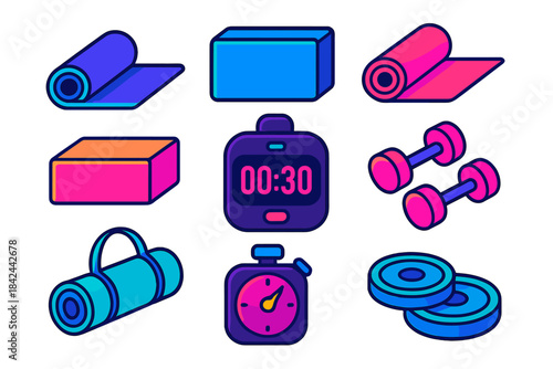 Different colored fitness equipment and accessories arranged in a grid with a stopwatch and timer, ideal for workout planning and exercise sessions