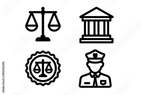Scales of justice, courthouse, and police officer symbols representing law and order