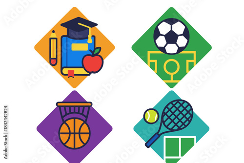 Educational and sports icons representing learning and physical activity in a vibrant design