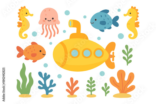 Cute cartoon yellow submarine surrounded by happy sea animals and colorful underwater plants
