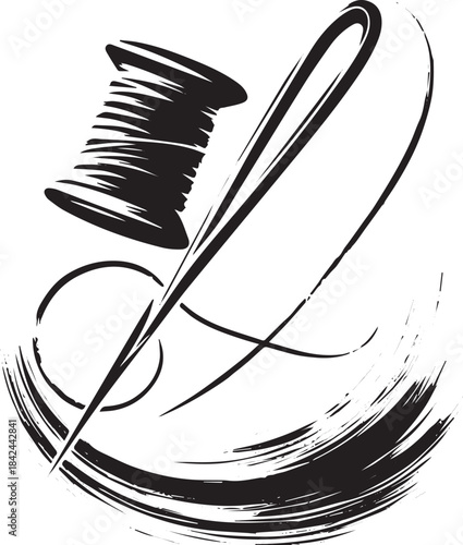 Elegant needle and thread in sumi-e style, minimalist tailoring