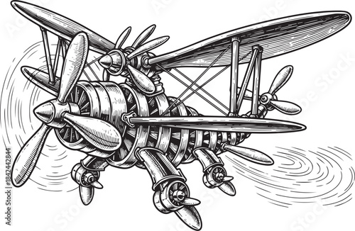 Imaginary Steampunk Plane, Engraved Style Illustration with Deta