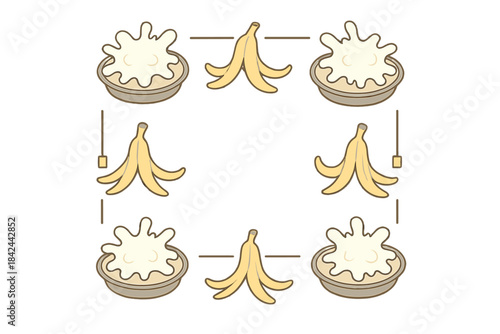 Group of bananas and bowls of white dessert on a clear background creating a simple pattern