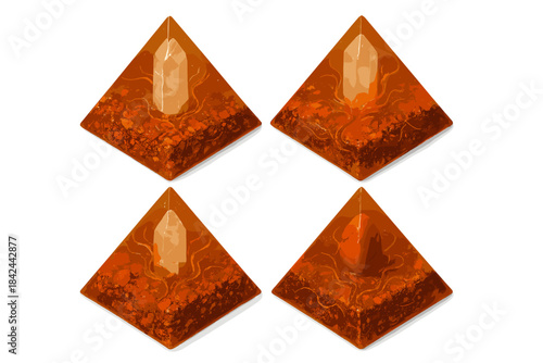 Unique resin pyramid sculptures with clear quartz points displayed on a white background for artistic appreciation