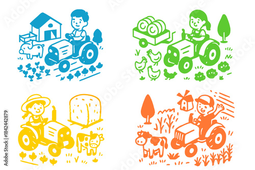 Four colorful farming scenes featuring farmers, tractors, and farm animals