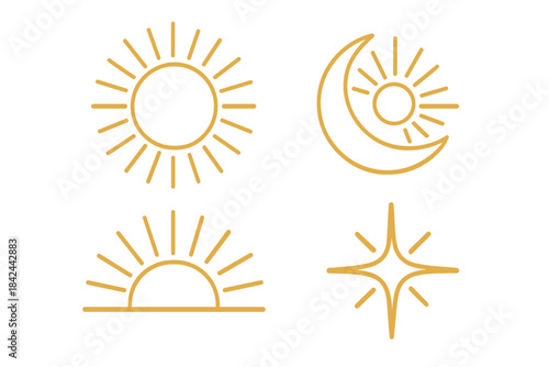 Sun and moon symbols with rays representing day and night in a minimalistic design