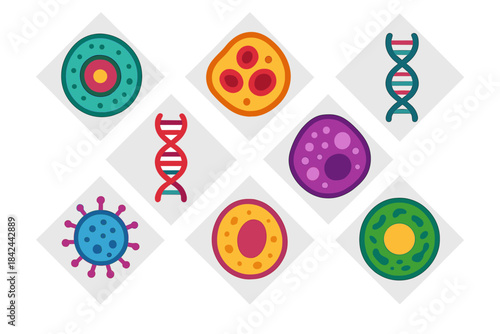 Colorful flat symbols of DNA, cells, and microscopic life forms for biology and genetics