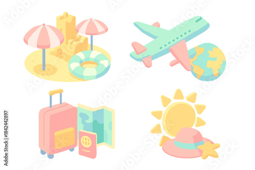 Colorful travel-themed illustrations depicting vacation activities and essentials for a beach getaway