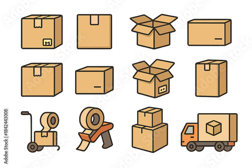 Different types of cardboard boxes and packing supplies for shipping and moving