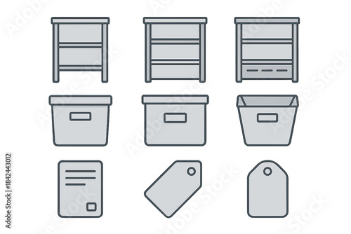 Organized storage solutions displayed in minimalistic grey design, showcasing practical furniture and containers for efficient home organization