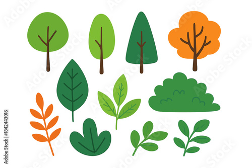 Colorful hand-drawn trees and leaves showcasing seasonal changes in a nature-themed design