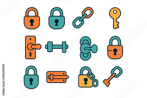 Collection of colorful lock and key icons arranged in a grid pattern for design and security concepts